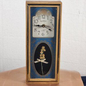 Ingraham USA Vintage Blue Gold Rose Etched Glass Quartz Analog Mantle Wall Clock